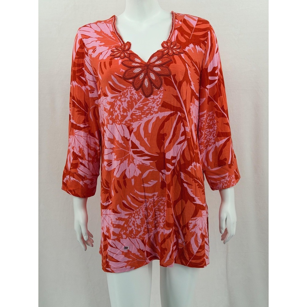 Soft Surroundings Top Womens Medium Orange Pink Beaded V-Neck Tunic Tropical